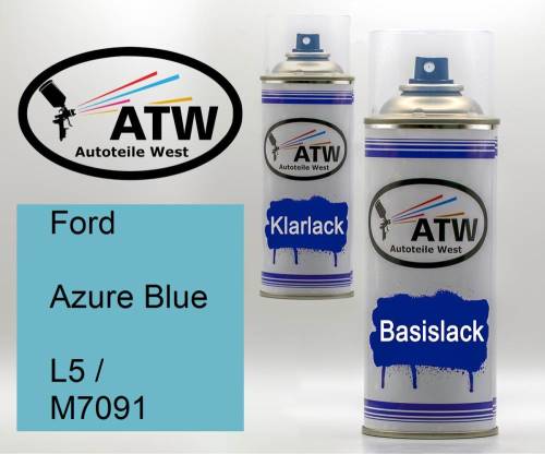Ford, Azure Blue, L5 / M7091: 400ml Sprühdose + 400ml Klarlack - Set, von ATW Autoteile West.